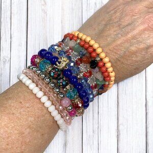 Set of 10 Stretch Boho Style Bracelets Elephant Blue Green Red White Orange OS